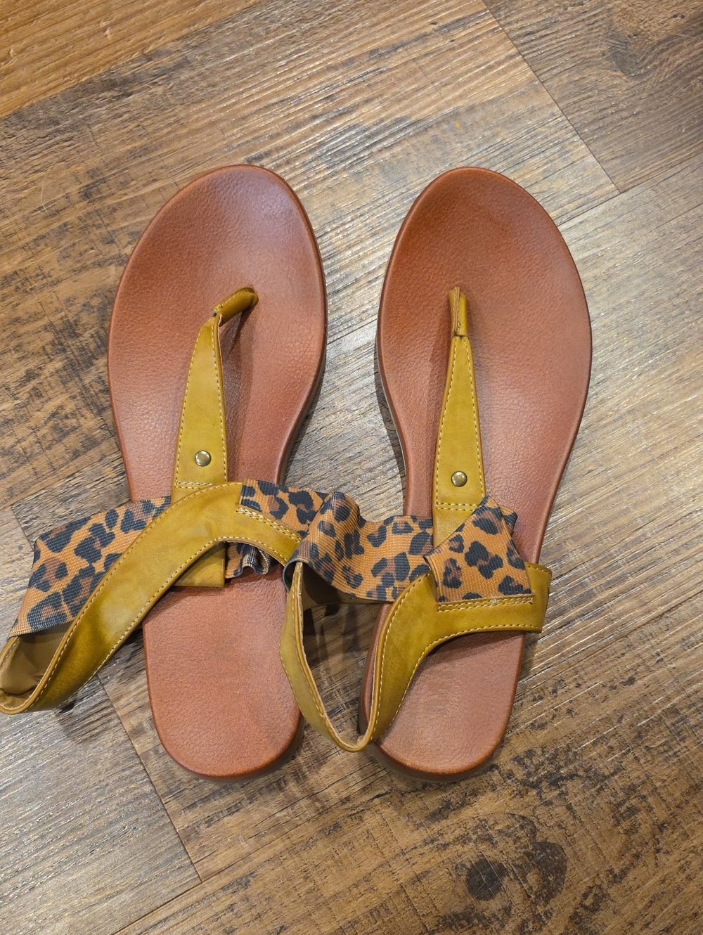 MIA Mustard Yellow and Brown Leopard-Print Thong Sandals